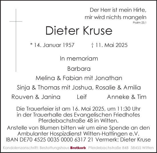 Traueranzeige von Dieter Kruse von Tageszeitung