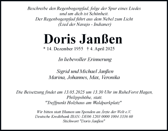 Traueranzeige von Doris Janßen von Tageszeitung