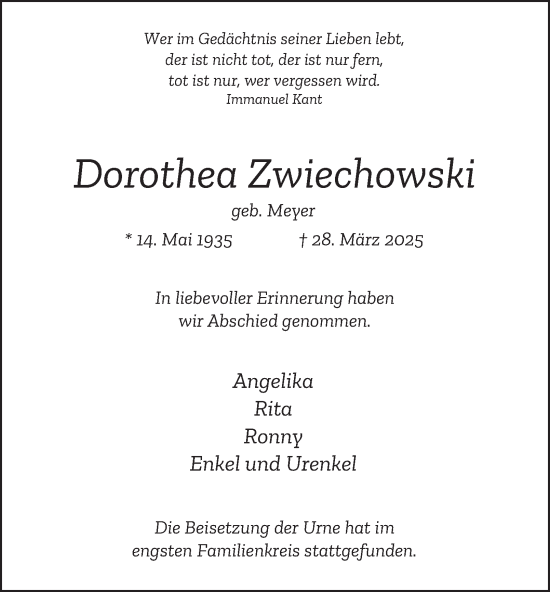 Traueranzeige von Dorothea Zwiechowski von Tageszeitung