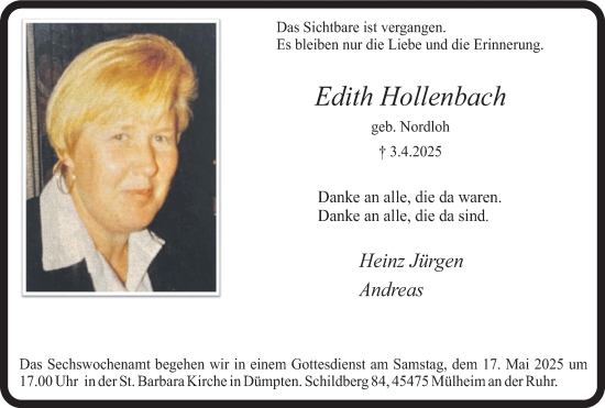Traueranzeige von Edith Hollenbach von Tageszeitung