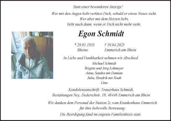 Traueranzeige von Egon Schmidt von Tageszeitung