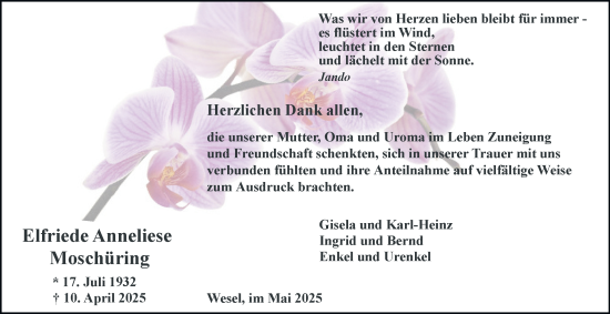Traueranzeige von Elfriede Anneliese Moschüring von Tageszeitung