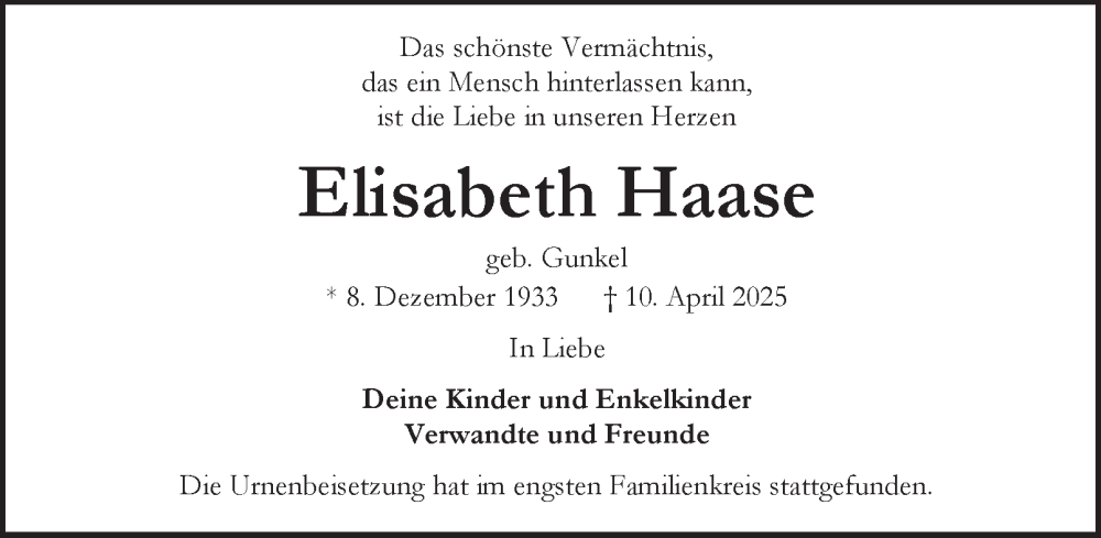  Traueranzeige für Elisabeth Haase vom 10.05.2025 aus Tageszeitung