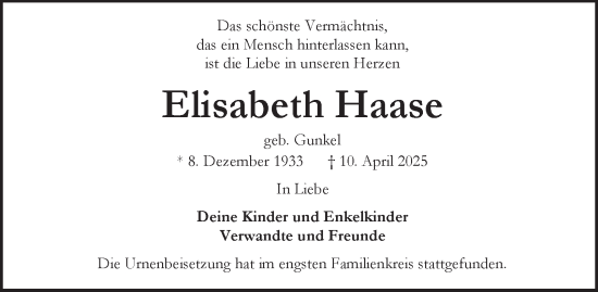 Traueranzeige von Elisabeth Haase von Tageszeitung