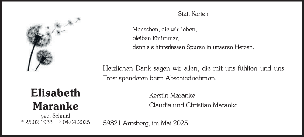  Traueranzeige für Elisabeth Maranke vom 03.05.2025 aus Tageszeitung