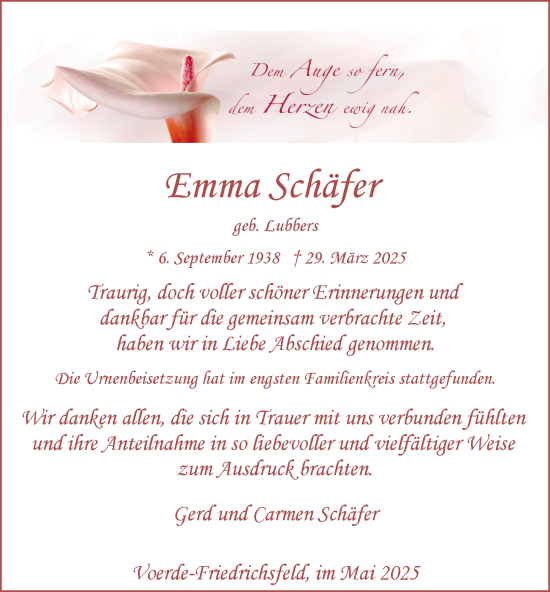 Traueranzeige von Emma Schäfer von Tageszeitung