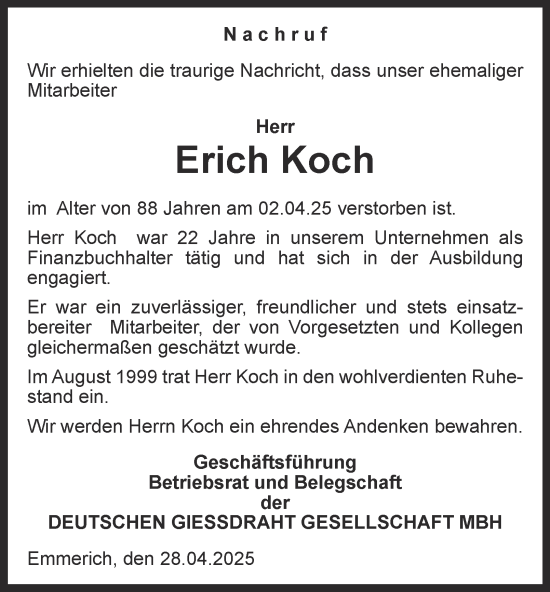 Traueranzeige von Erich Koch von Tageszeitung