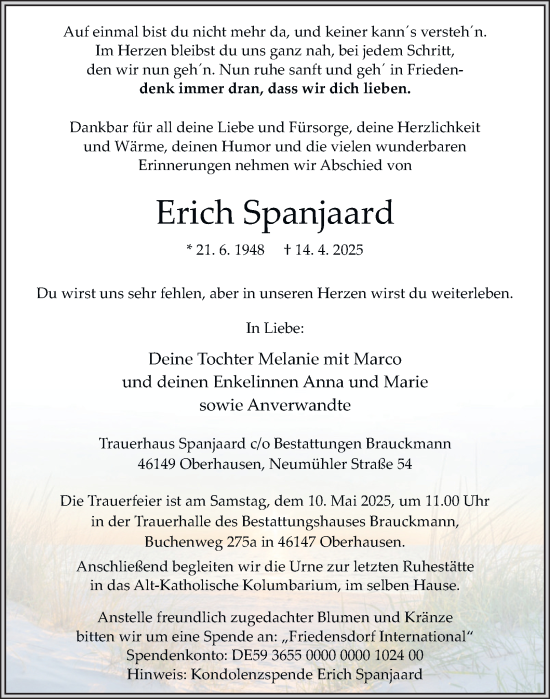 Traueranzeige von Erich Spanjaard von Tageszeitung