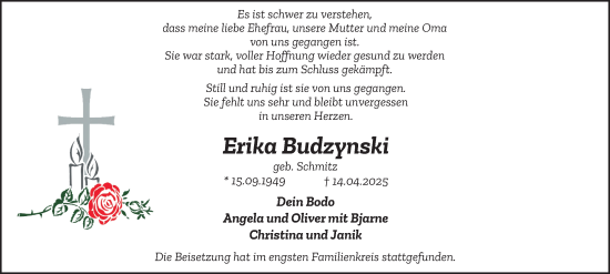 Traueranzeige von Erika Budzynski von Tageszeitung