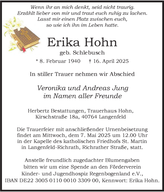 Traueranzeige von Erika Hohn von Tageszeitung