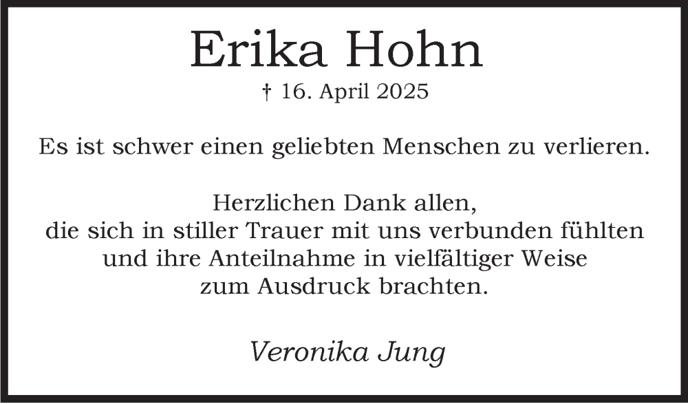  Traueranzeige für Erika Hohn vom 31.05.2025 aus Tageszeitung