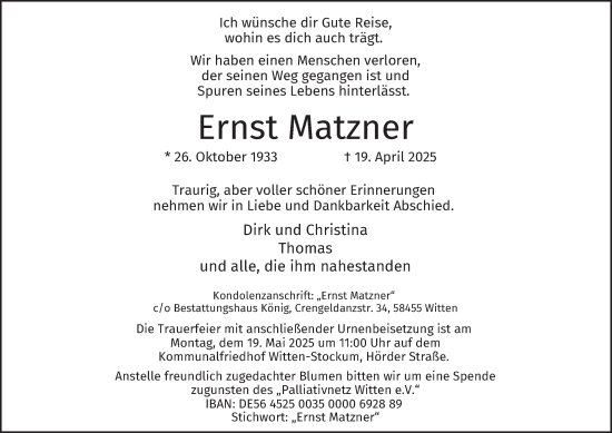 Traueranzeige von Ernst Matzner von Tageszeitung