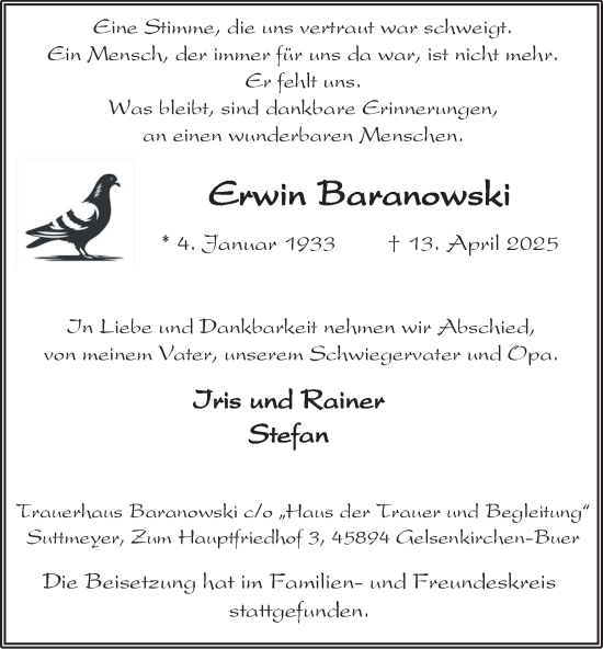 Traueranzeige von Erwin Baranowski von Tageszeitung
