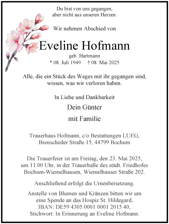 Traueranzeige von Eveline Hofmann von Tageszeitung