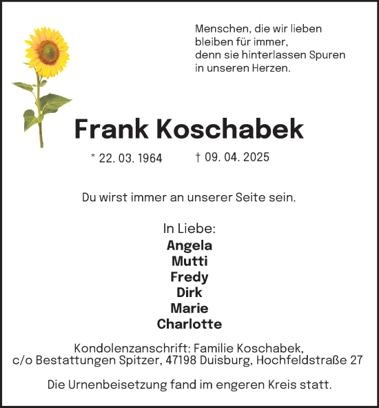 Traueranzeige von Frank Koschabek von Tageszeitung
