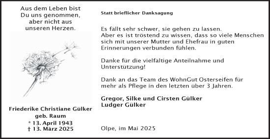 Traueranzeige von Friederike Christiane Gülker von Tageszeitung