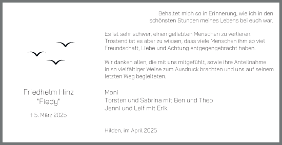 Traueranzeige von Friedhelm Hinz von Tageszeitung