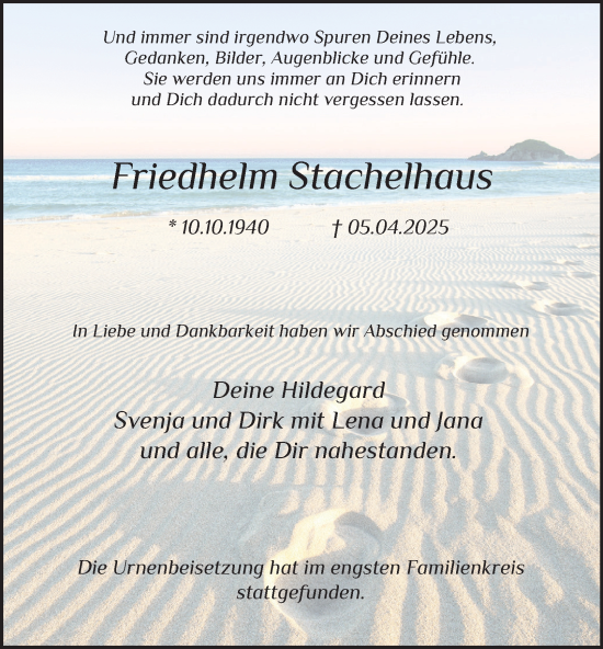 Traueranzeige von Friedhelm Stachelhaus von Tageszeitung