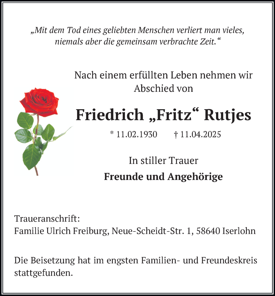  Traueranzeige für Friedrich Rutjes vom 03.05.2025 aus Tageszeitung