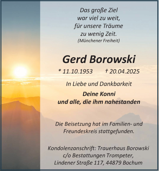 Traueranzeige von Gerd Borowski von Tageszeitung