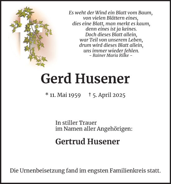 Traueranzeige von Gerd Husener von Tageszeitung