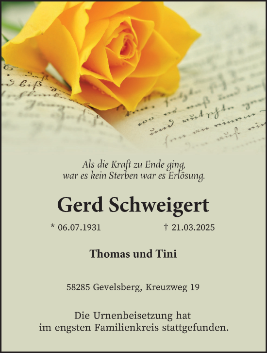 Traueranzeige von Gerd Schweigert von Tageszeitung