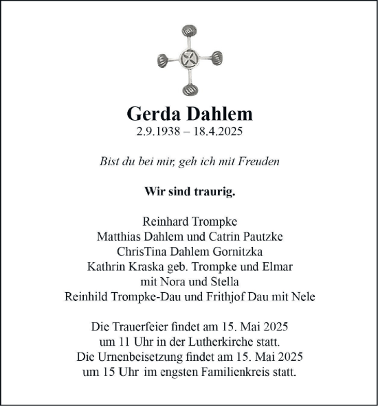 Traueranzeige von Gerda Dahlem von Tageszeitung