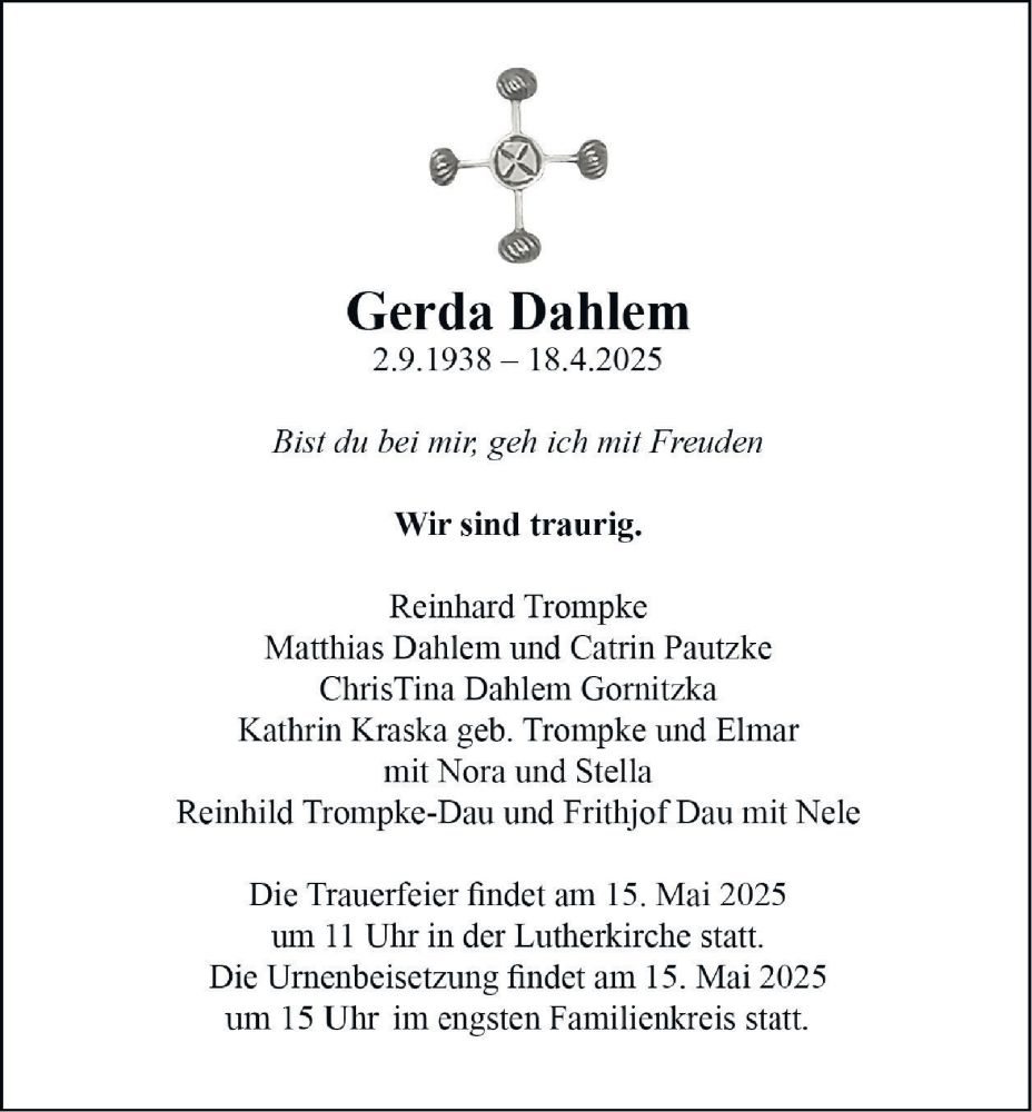  Traueranzeige für Gerda Dahlem vom 10.05.2025 aus Tageszeitung