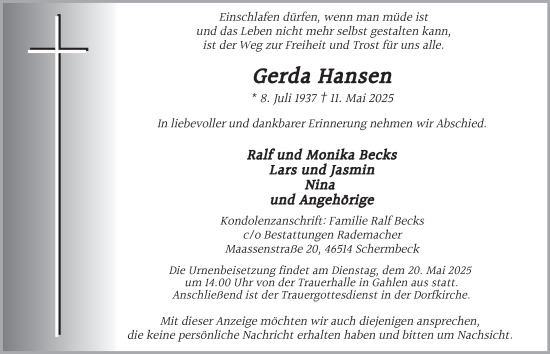Traueranzeige von Gerda Hansen von Tageszeitung