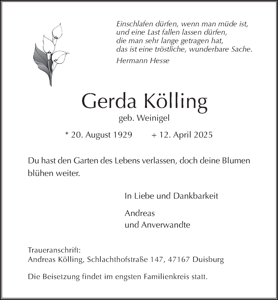  Traueranzeige für Gerda Kölling vom 17.05.2025 aus Tageszeitung
