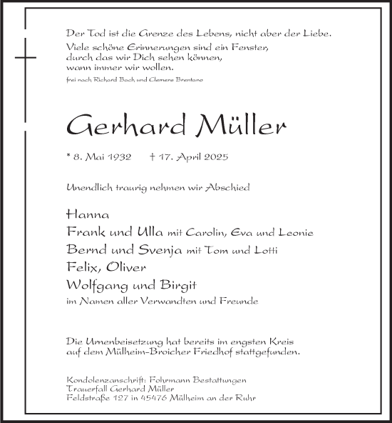 Traueranzeige von Gerhard Müller von Tageszeitung