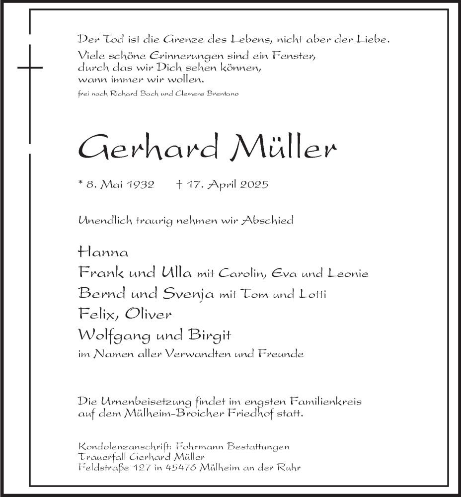  Traueranzeige für Gerhard Müller vom 03.05.2025 aus Tageszeitung