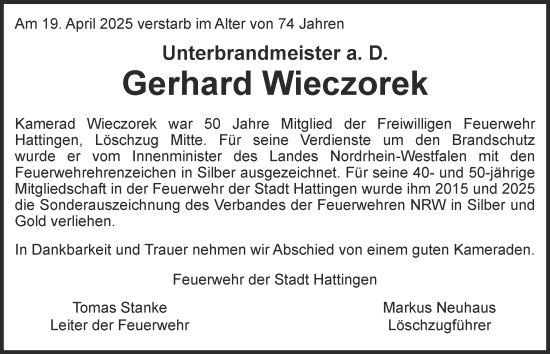 Traueranzeige von Gerhard Wieczorek von Tageszeitung