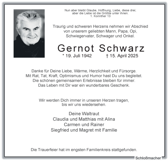Traueranzeige von Gernot Schwarz von Tageszeitung