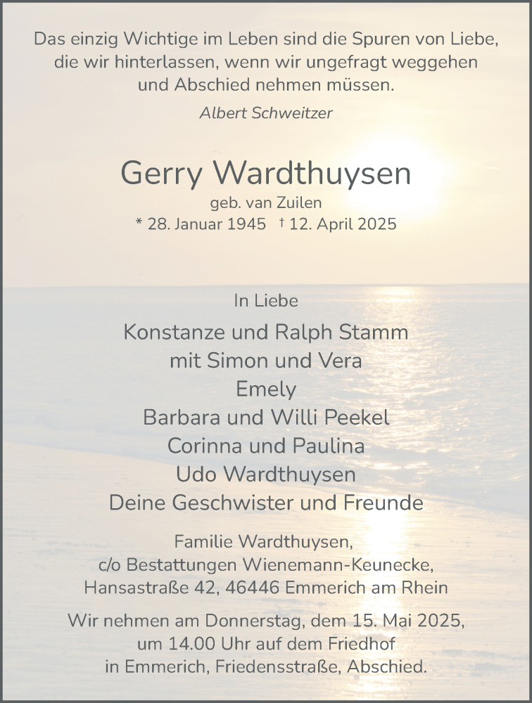  Traueranzeige für Gerry Wardthuysen vom 10.05.2025 aus Tageszeitung