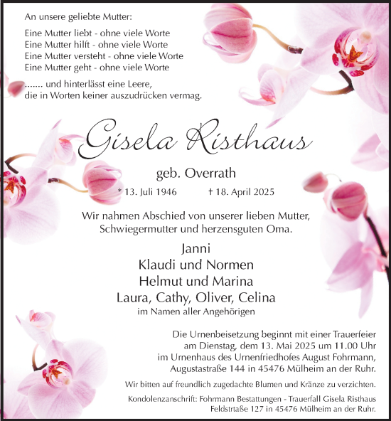 Traueranzeige von Gisela Risthaus von Tageszeitung