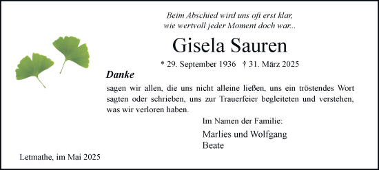 Traueranzeige von Gisela Sauren von Tageszeitung