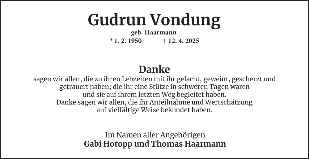 Traueranzeige für Gudrun Vondung vom 17.05.2025 aus Tageszeitung