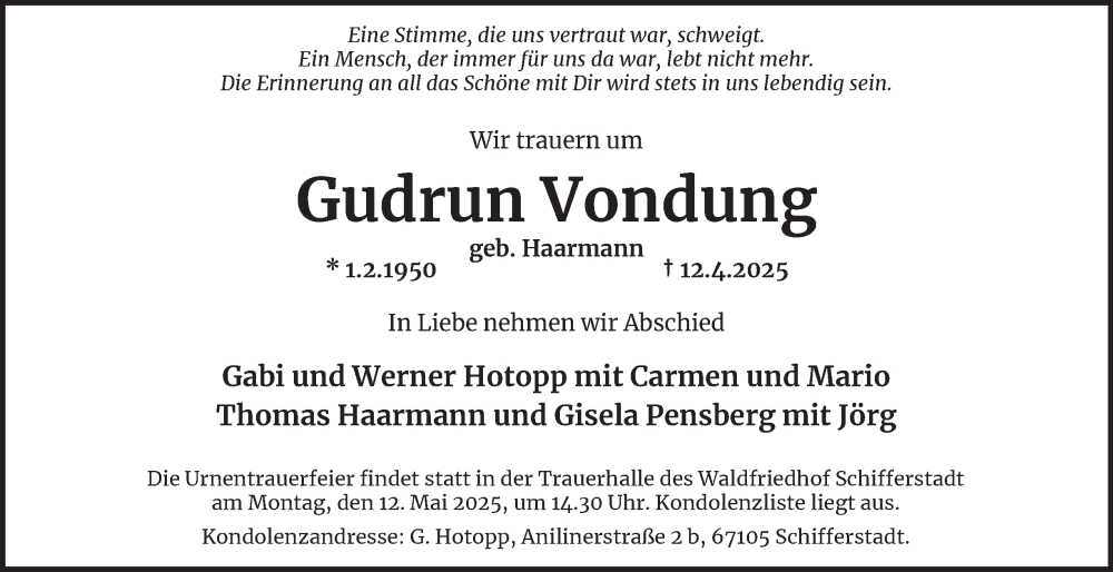  Traueranzeige für Gudrun Vondung vom 03.05.2025 aus Tageszeitung