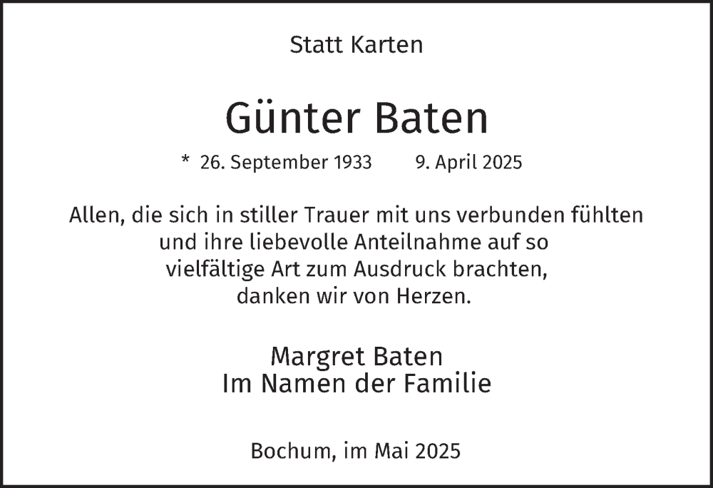  Traueranzeige für Günter Baten vom 24.05.2025 aus Tageszeitung