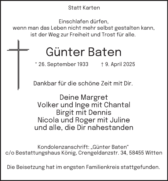 Traueranzeige von Günter Baten von Tageszeitung