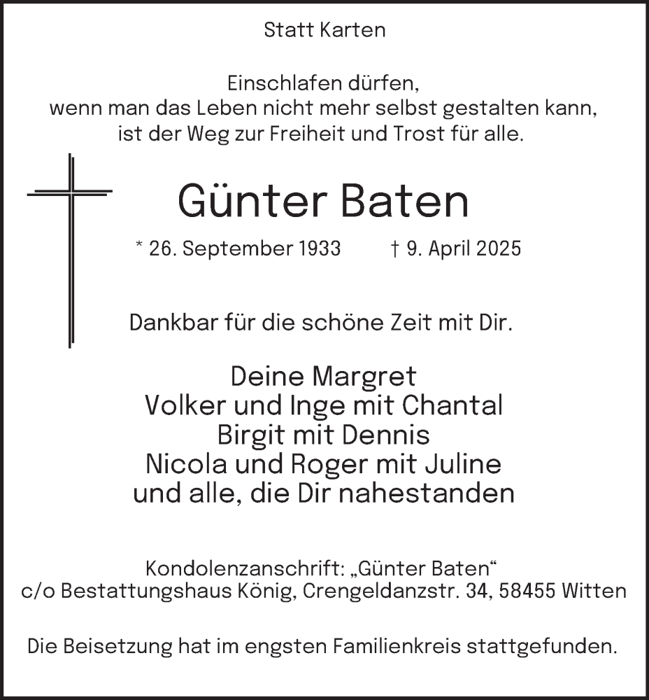  Traueranzeige für Günter Baten vom 17.05.2025 aus Tageszeitung