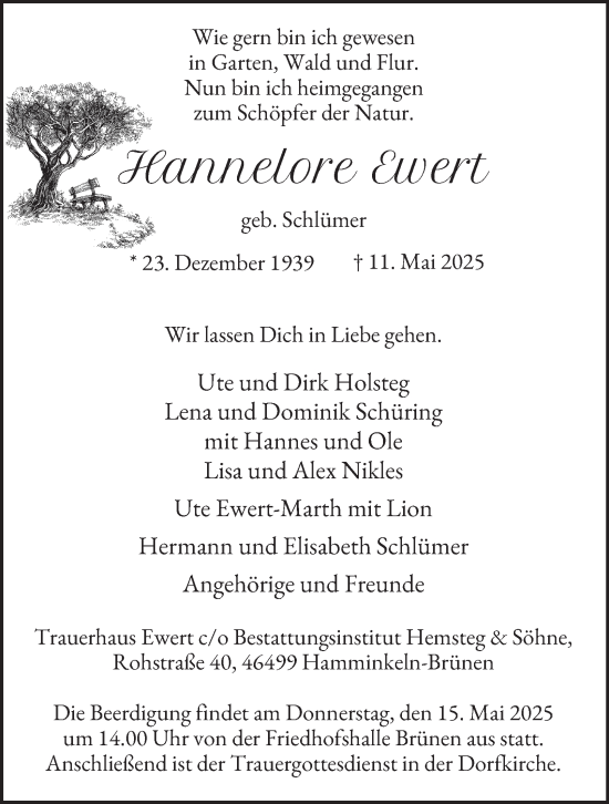 Traueranzeige von Hannelore Ewert von Tageszeitung