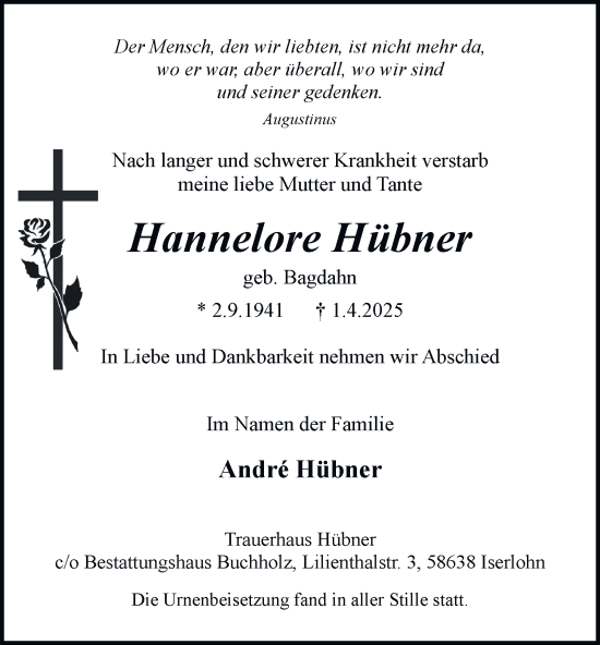 Traueranzeige von Hannelore Hübner von Tageszeitung