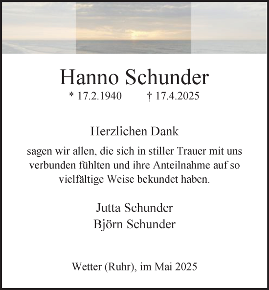 Traueranzeige von Hanno Schunder von Tageszeitung
