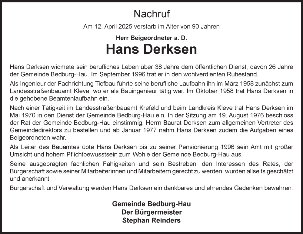  Traueranzeige für Hans Derksen vom 03.05.2025 aus Tageszeitung