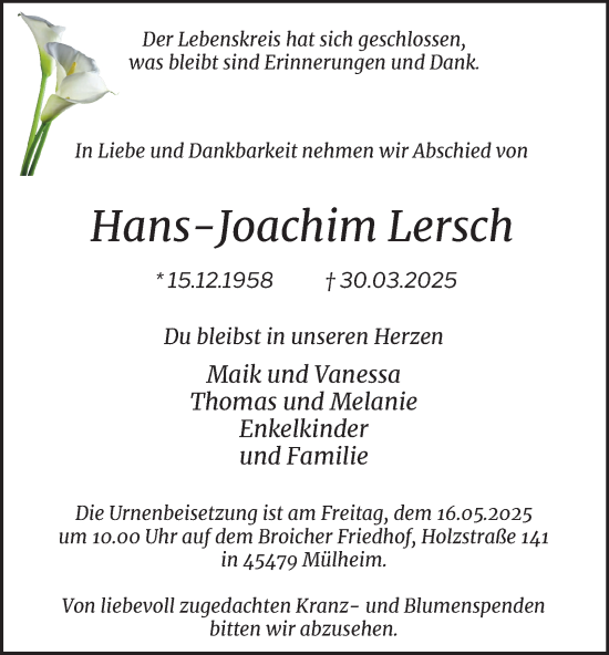Traueranzeige von Hans-Joachim Lersch von Tageszeitung