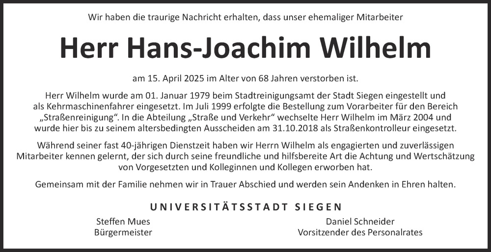  Traueranzeige für Hans-Joachim Wilhelm vom 17.05.2025 aus Tageszeitung