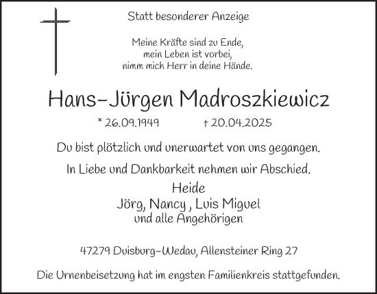 Traueranzeige von Hans-Jürgen Madroszkiewicz von Tageszeitung