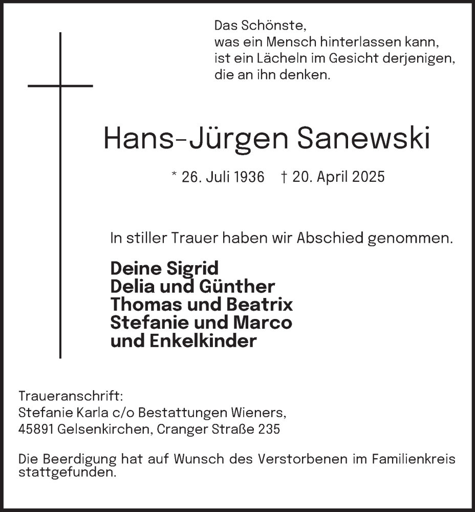  Traueranzeige für Hans-Jürgen Sanewski vom 03.05.2025 aus Tageszeitung